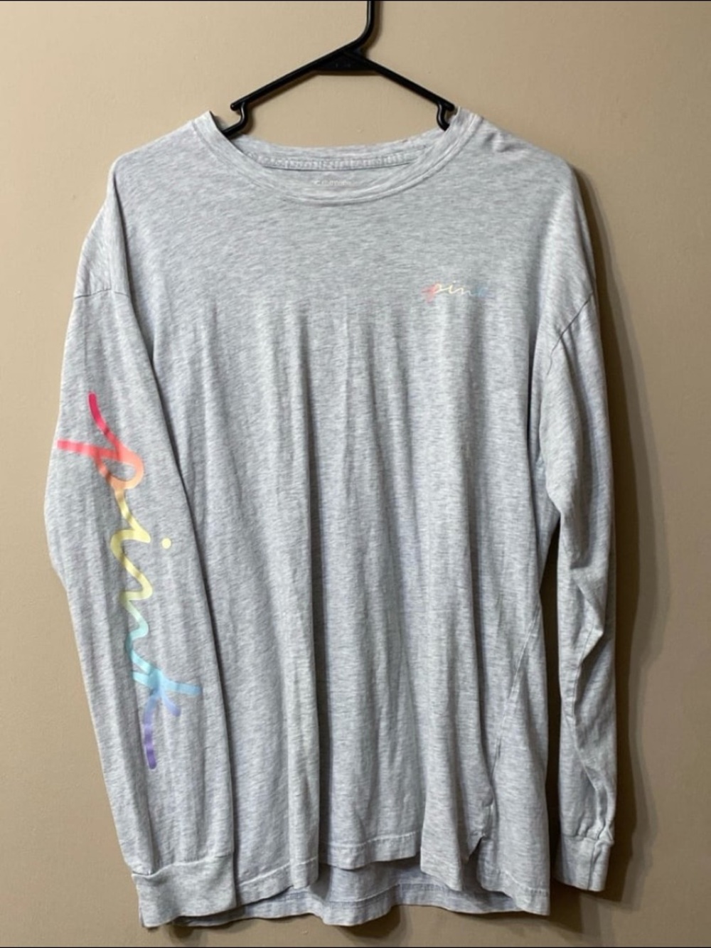 Pink Victoria’s Secret Gray Long-Sleeve Graphic Tee with Pastel Sleeve Script